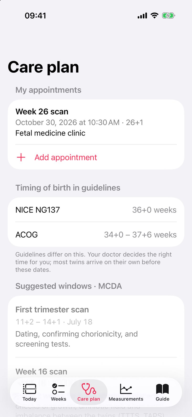Care plan screen